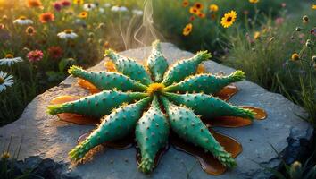 Prickly Pear Cactus Arranged on Stone Slab with Honey Drizzle photo