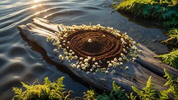 Floating Wood with Concentric Soil Art Decorated with White Daisies photo
