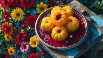 Serving Melon Dessert with Berry Sauce and Ladybugs in Garden photo