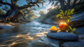 Apple and Honey by Riverbank at Sunrise Celebrating Rosh Hashanah photo