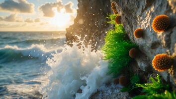 Wave Crashing on Coastal Rock Formation with Sun Shining Through photo
