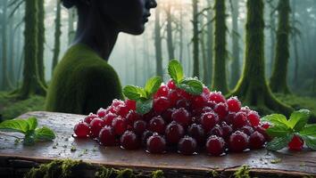 Fresh Red Currants with Mint on Rustic Wood in Forest photo