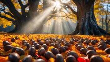 Gathered Acorns and Fallen Leaves Under Autumn Trees with Sunlight photo