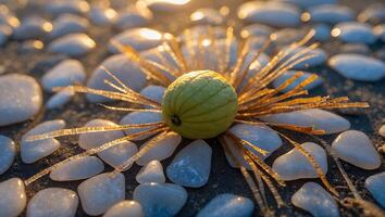 Green Fruit and Golden Straws Displayed on Polished White Pebble Stones photo