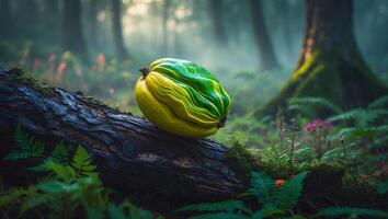 Gourd Lying on Log in Forest with Misty Background Scene photo