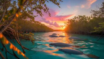 Swimming Manatees in Tranquil River at Sunset with Vibrant Sky photo