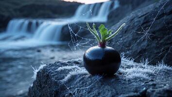 Radish Still Life with Waterfall and Cobwebs Creates Moody Scene photo