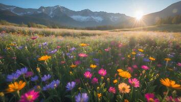 Colorful Wildflower Field with Mountain Backdrop and Sunlight Burst photo