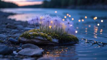 Glowing Plants on Mossy Rock Reflecting in Calm Water at Dusk photo