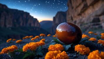 Glistening Fruit Among Flowers in Canyon at Dusk Under Starry Sky photo