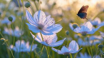 Butterfly Flying Over White Flowers in Meadow at Golden Hour photo