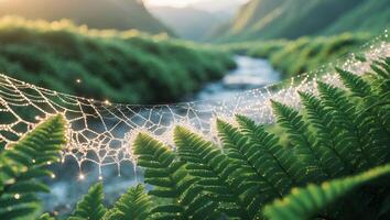 Dew Covered Spiderweb and Ferns Overlooking Lush Green River Valley photo