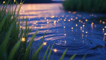 Glowing Lights Reflecting in the Water with Tall Grass and Ripples photo