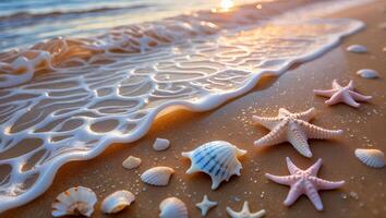 Seashells and Starfish on Sandy Beach with Gentle Wave Rolling in photo