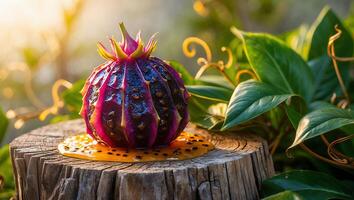 Exotic Fruit Still Life on Wood Stump in Nature Setting photo