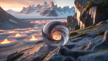 Crystal Ball Reflecting Snowy Mountains and Burning Candles Landscape photo