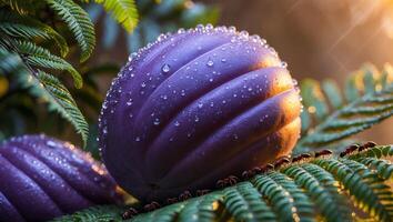 Purple Fruit with Water Droplets Surrounded by Ferns and Ants photo