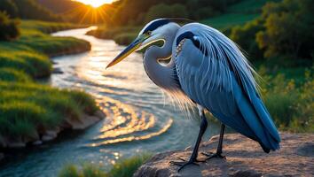 Great Blue Heron Stands by River at Sunset Nature Landscape photo