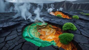 Steaming Geothermal Landscape with Cracked Earth and Colorful Pools photo