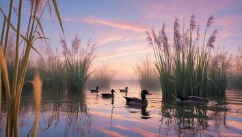 Ducks Swimming in Tranquil Marshland Pond at Sunrise with Soft Light photo