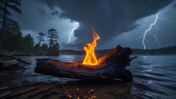 Fire Burning on Log by Lake During Thunderstorm Landscape photo