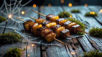 Serving Grilled Pineapple Skewers on Rustic Wood with Spiderweb Decoration photo