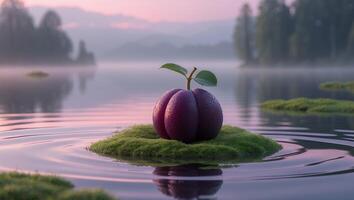 Plum on Moss Island Floating in Calm Lake Water at Dawn photo