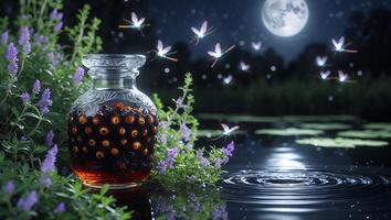 Dark Liquid in Glass Jar Beside Lake with Fireflies at Night photo