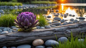 Purple Flower and Log at Riverbank with Sunset Reflected in Water photo