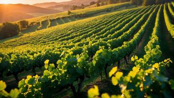 Vineyard Rows at Sunset Green Leaves and Rolling Hills Landscape photo