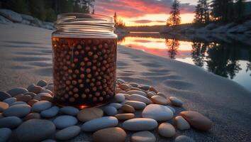 Berry Preserves Jar Sitting on Rocks at Sunset by the Water photo