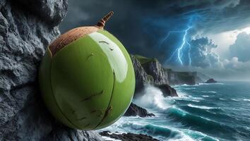 Green Coconut Resting on Rock with Ocean Cliffside Lightning Backdrop photo