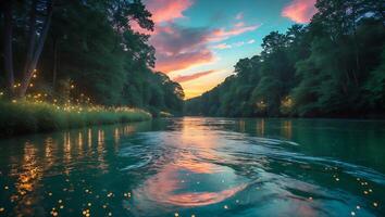 River Flowing Through Forest with Sunset Sky and Light Reflections photo