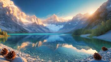 Reflecting Mountain Lake Scenery with Pinecones and Clear Blue Water photo