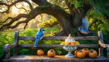 Two Blue Jays on Bench with Fruit and Dessert Landscape photo