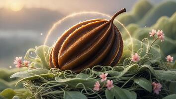 Brown Seed Pod Resting on Greenery with Delicate Pink Flowers photo