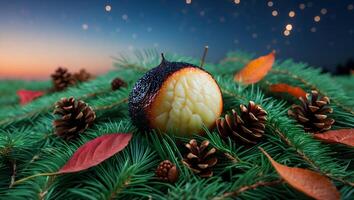 Baked Apple on Pine Branches with Cones and Autumn Leaves photo