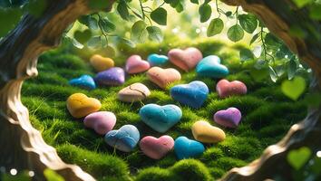 Colorful Heart Stones on Green Moss with Tree Branch Frame photo