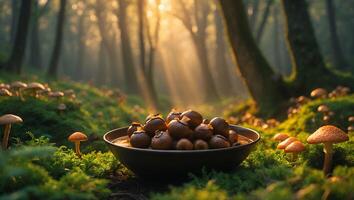Serving Bowl Full of Chestnuts Surrounded by Forest Mushrooms photo