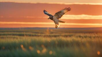 Hawk Flying Over Field During Sunset with Orange and Yellow Sky photo