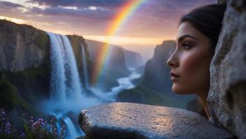 Woman Gazing at Waterfall and Rainbow Landscape From Stone Ledge photo