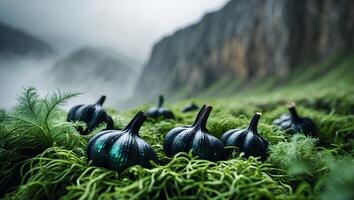 Mystical Dark Bulbs on Green Grass with Mountain Backdrop Scenic photo