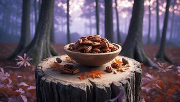 Pecan Nuts in Wooden Bowl on Tree Stump in Forest photo