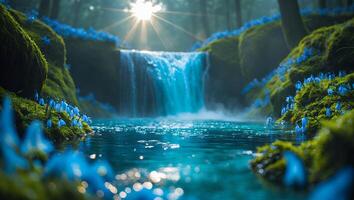 Waterfall Flows Into Clear Pool Surrounded by Bluebells in Forest photo