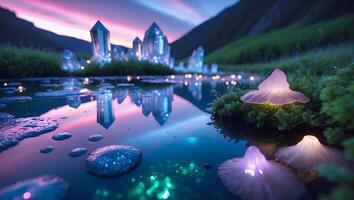 Glowing Mushroom Pond Reflecting Crystal Towers Landscape at Colorful Dusk photo