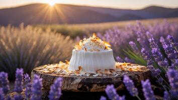 Cake on Log with Lavender Field at Sunset - Dessert Still Life photo