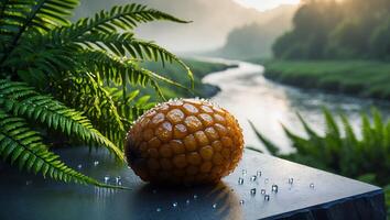 Exotic Fruit Displayed with Fern Leaves Near Flowing River photo