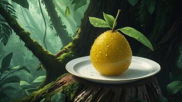 Yellow Fruit on Plate in Forest Setting with Water Droplets photo