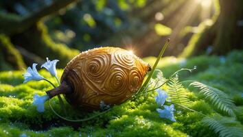 A snail is sitting on a green grassy field photo