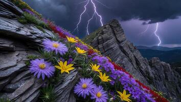 Colorful Wildflowers on Rocky Mountain with Dramatic Lightning Storm Backdrop photo